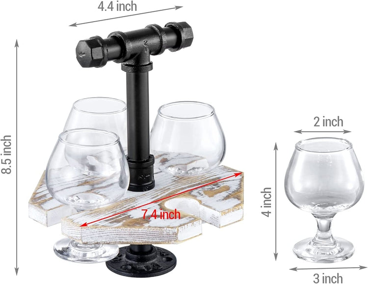 Industrial Pipe and Vintage Weathered Gray Wood Beer, Whiskey Flight Set with 4 Glasses-MyGift