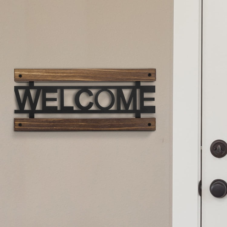 Burnt Wood and Industrial Matte Black Metal Wall Mounted "WELCOME" Letter Sign Hanging Entryway Decoration-MyGift