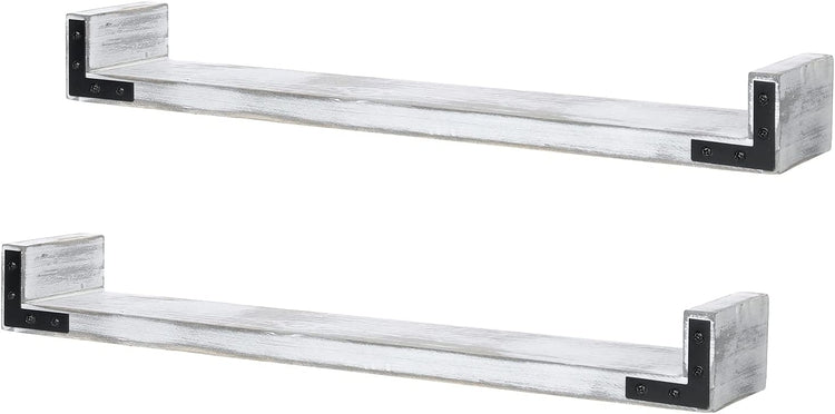 Set of 2, White Wall Mounted Collectibles Rack, Figurine Storage Display Floating Shelf with Matte Black Metal Brackets-MyGift