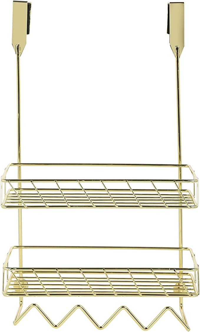Brushed Gold Bathroom Brass Shower Caddy Basket Storage Shelves w/Two  Hangers