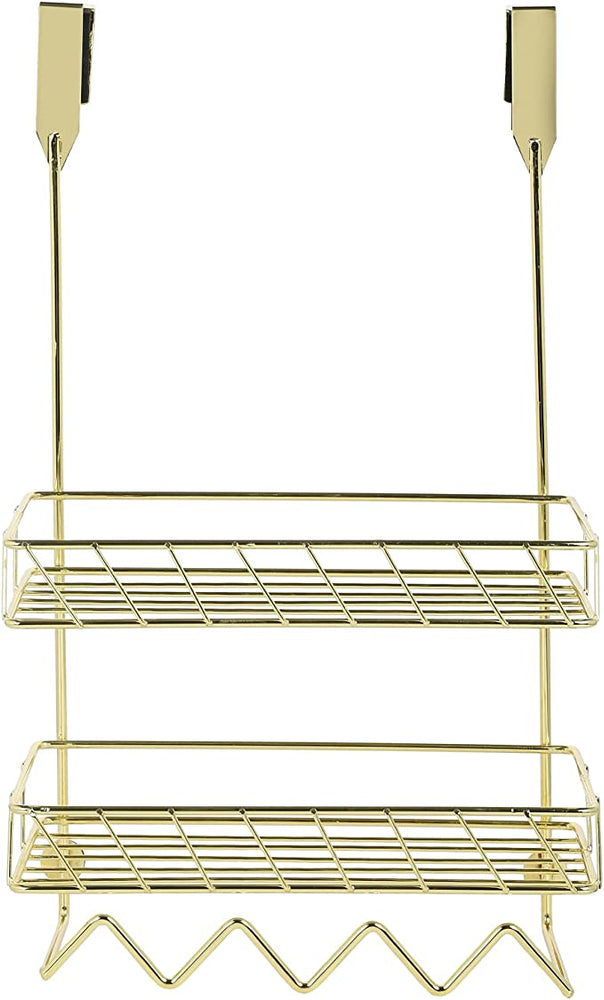 Brass Metal Bath Storage Shelf Rack, Over The Door Hanging Bathroom Organizer with Basket Shelves and Hooks-MyGift