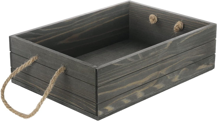 Gray Wood Storage Bin with Rope Handles, Weathered Country Wooden Crate, Open Top Box Pallet Produce Basket-MyGift