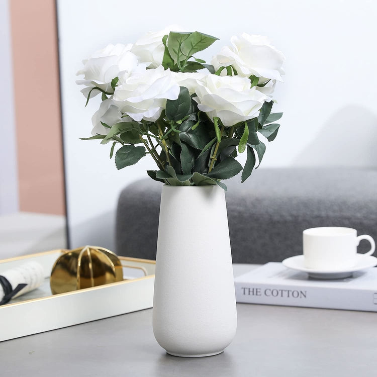 Artificial White Rose Bouquet Arrangement with Vase, Centerpiece Faux Flowers with Matte Ceramic Vase-MyGift