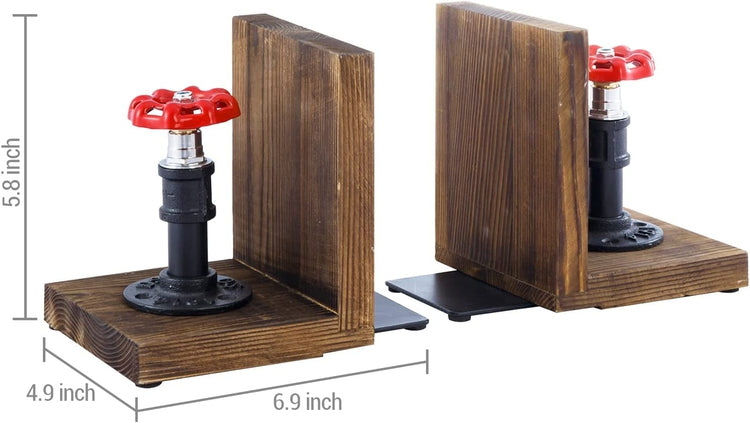 Industrial Decorative Bookends, Valve and Pipe Sculpture with L-Shaped Wood Tabletop Book Holder, 1 Pair-MyGift