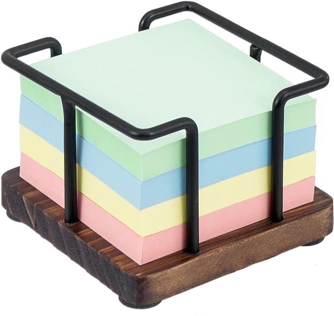 Desktop Brown Wood and Black Metal Sticky Note Cube Holder, Memo Pad Storage Dispenser-MyGift