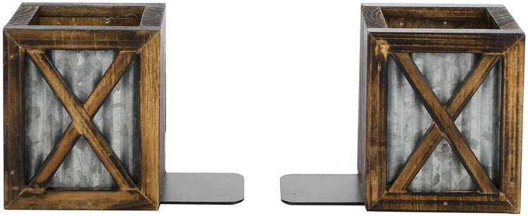 Burnt Wood Decorative Bookends, Wood and Galvanized Metal Desktop Book Stands with Pen Holder Storage Bins, 1 Pair-MyGift