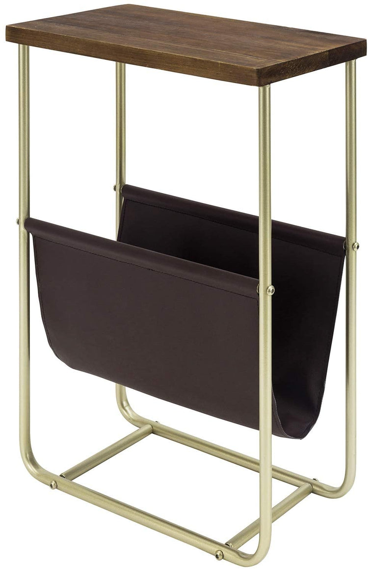 Dark Brown Burnt Wood and Brass Tone Metal Side Table with Leatherette Magazine Holder Sling-MyGift