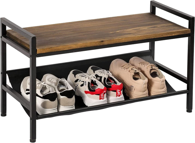 Burnt Wood Entryway Shoe Rack Bench with Black Metal Frame and Leatherette Footwear Storage Sling-MyGift