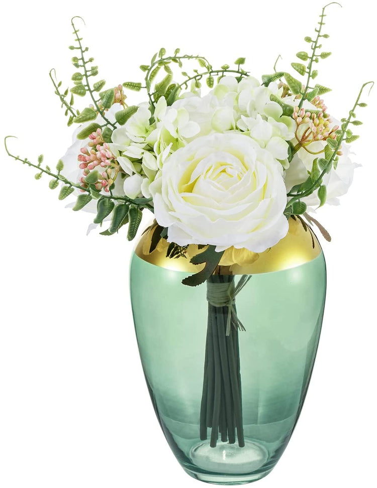 White Rose Artificial Flowers with Green Clear Glass Vase with Brass A