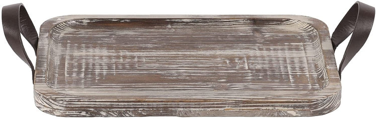 Rustic Torched Carved Wood Rectangular Display Serving Tray with Brown Leatherette Handles-MyGift