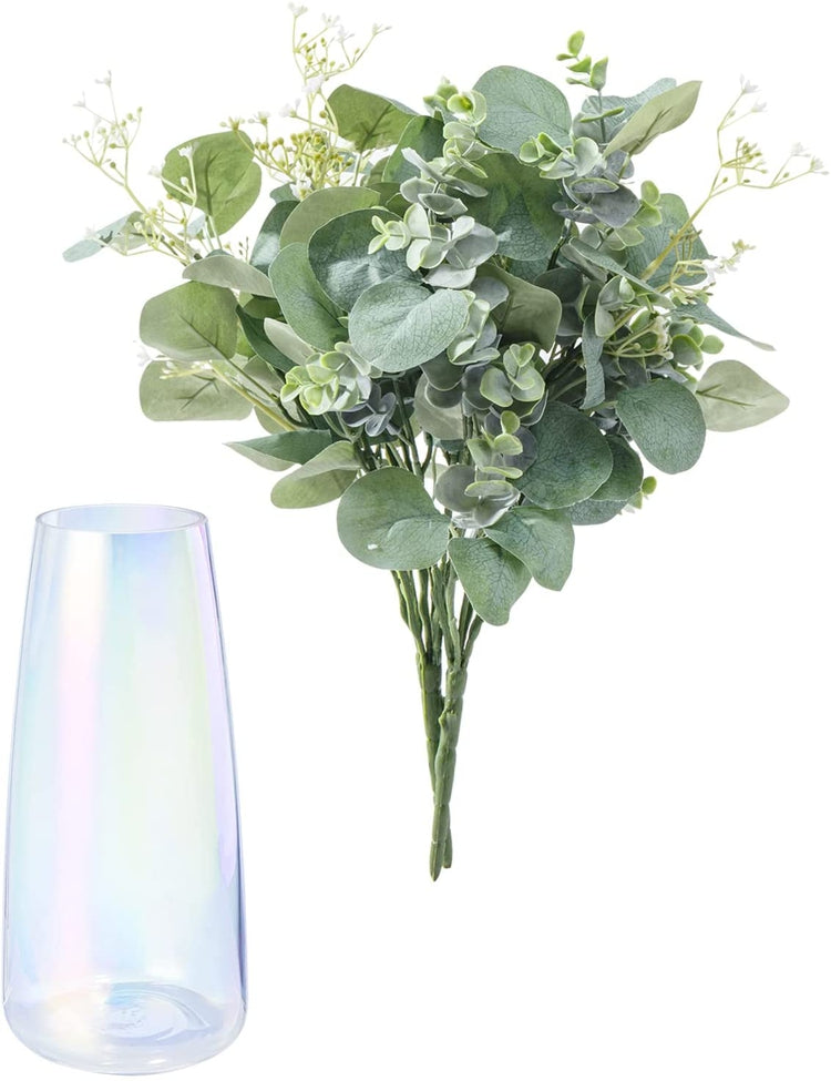 Faux Eucalyptus Stems and Fake Flowers in Iridescent Rainbow Gradient Glass Vase, Artificial Greenery Arrangement-MyGift