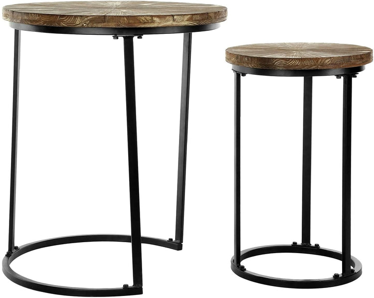 Set of 2, Brown Reclaimed Wood and Matte Black Metal Round Nesting End Tables-MyGift