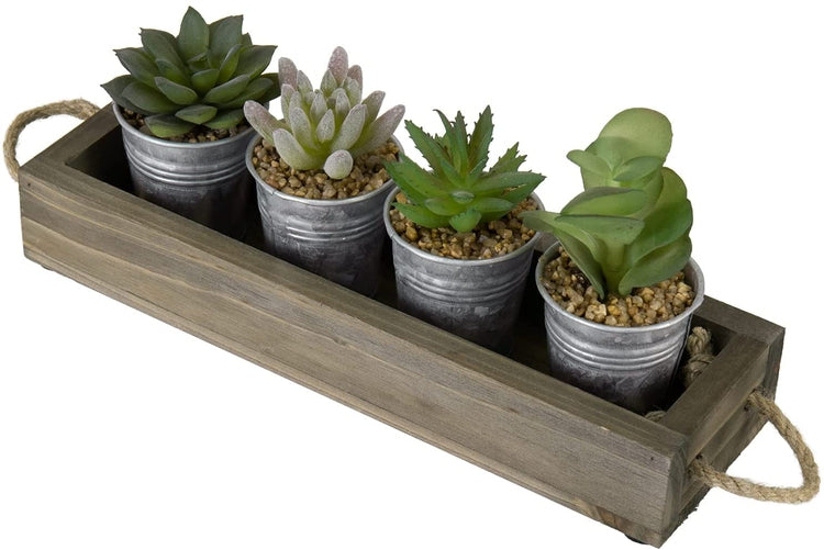 Assorted Mini Artificial Succulent Plants in Galvanized Metal Planter Pots with Gray Wood Tray-MyGift