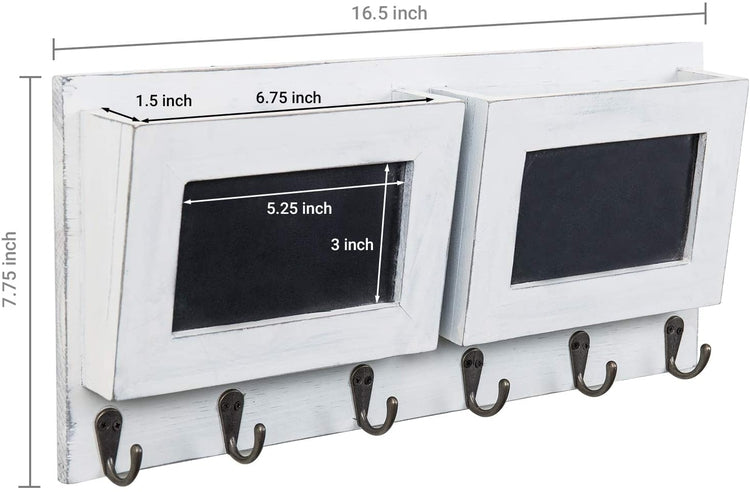 2-Slot White Wood Wall Mounted Mail Holder with 6 Key Hooks & Chalkboard Labels-MyGift