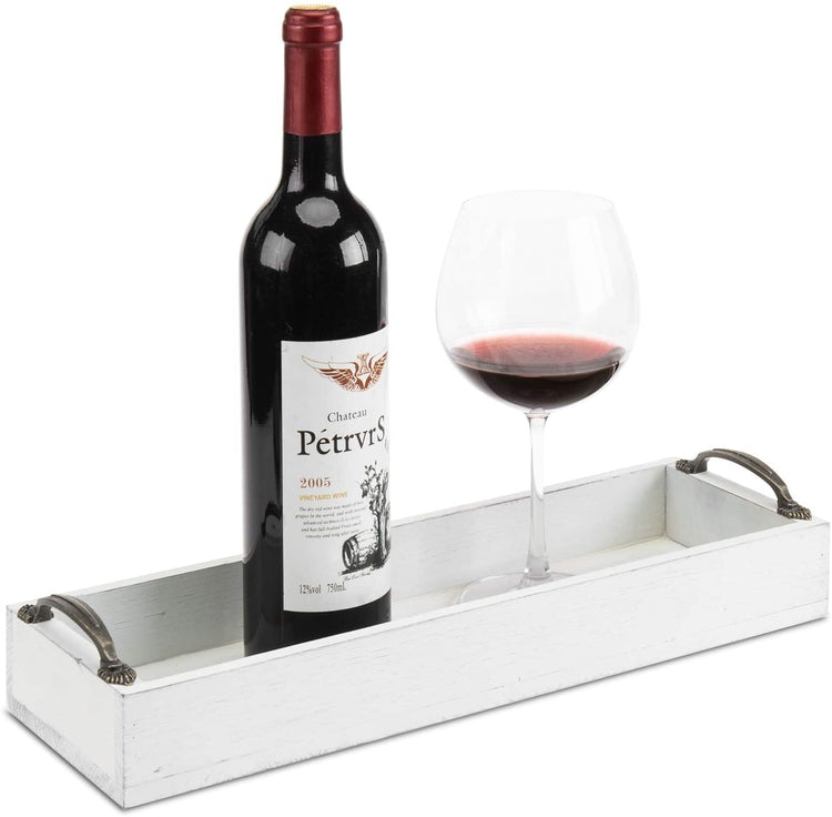 16-inch White Wood Rectangular Serving Tray with Antique Metal Handles-MyGift