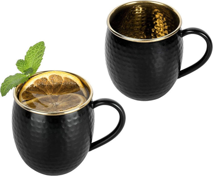 Set of 2, Hammered Pattern Black and Gold Tone Stainless Steel Moscow Mule Mugs-MyGift