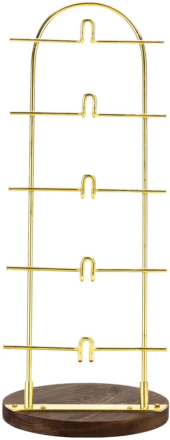 5-Tier Gold Metal Sunglasses Display Stand with Brown Wood Jewelry Holder Base, Retail Eyewear Rack-MyGift