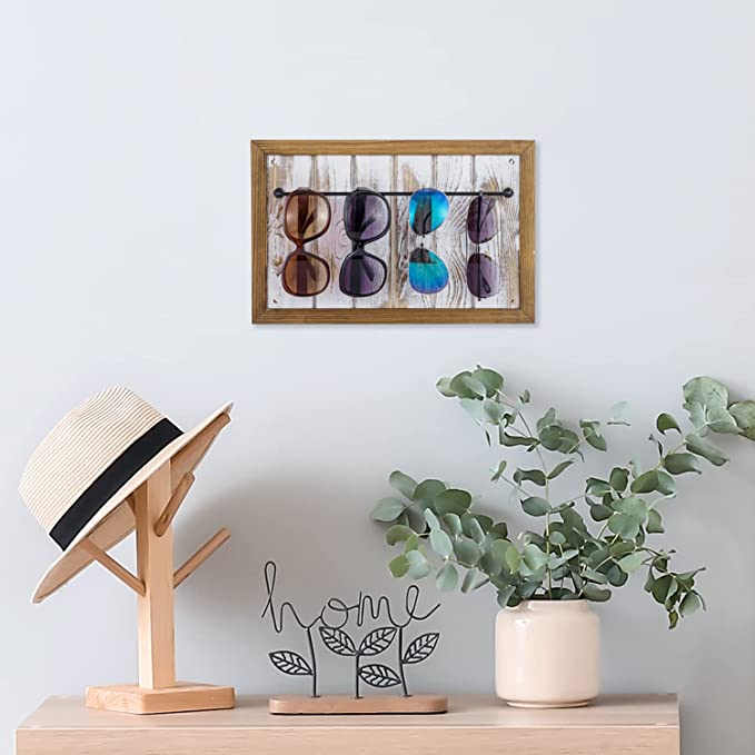 Whitewashed Wood Wall Mounted Sunglasses Holder with Natural Wooden Frame and Black Metal Storage Rail-MyGift