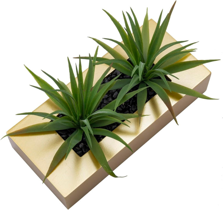 Artificial Green Grass Plants in Brass Tone Wood Decorative Planter Pot, Tabletop Plant Container-MyGift