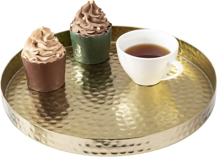 Hammered Brass Round Tray, Aluminum Plated Serving Display Platter, Centerpieces and Vanity Tray-MyGift