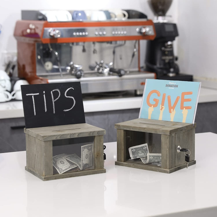 Set of 2, Gray Wood Lockable Suggestion Box, Donation Box with Removable Chalkboard and Acrylic Sign Holder-MyGift