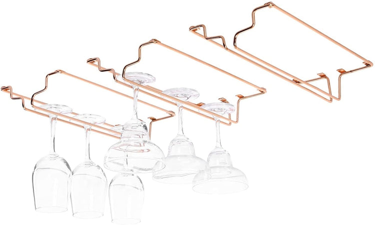 Set of 3, Under Cabinet Mounted Copper Tone Metal Wire Frame Stemware Wine Glass Storage Racks-MyGift