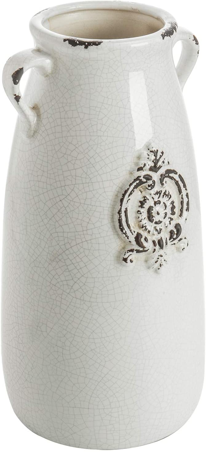 Farmhouse Style Antique White Ceramic Vase with Handle-MyGift