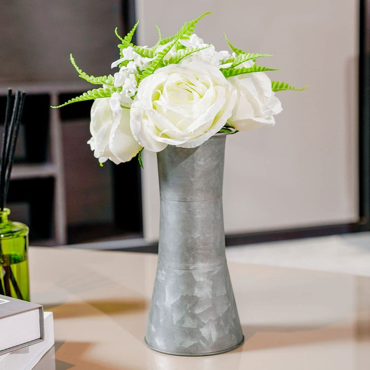 White Faux Roses Artificial Flower Bouquet Arrangement in Rustic Galvanized Metal Vase-MyGift