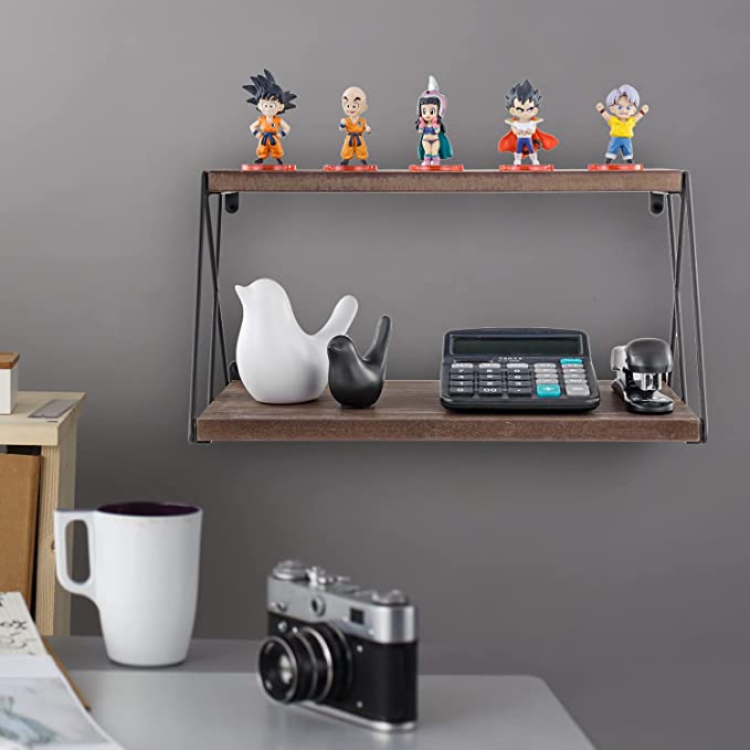 Wall Mounted 2 Tier Burnt Wood Floating Display Shelf with Matte Black Metal Wire Side Brackets-MyGift
