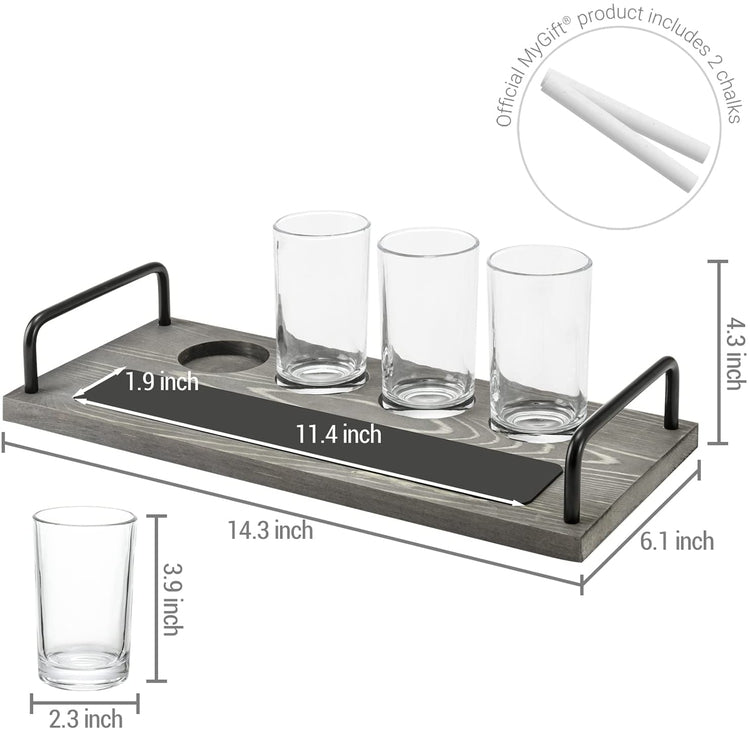 Gray Wood Beer Flight Set with Black Wire Metal Handles, 4 Beer Tasting Glasses, Plank Serving Tray and Chalkboard Label-MyGift