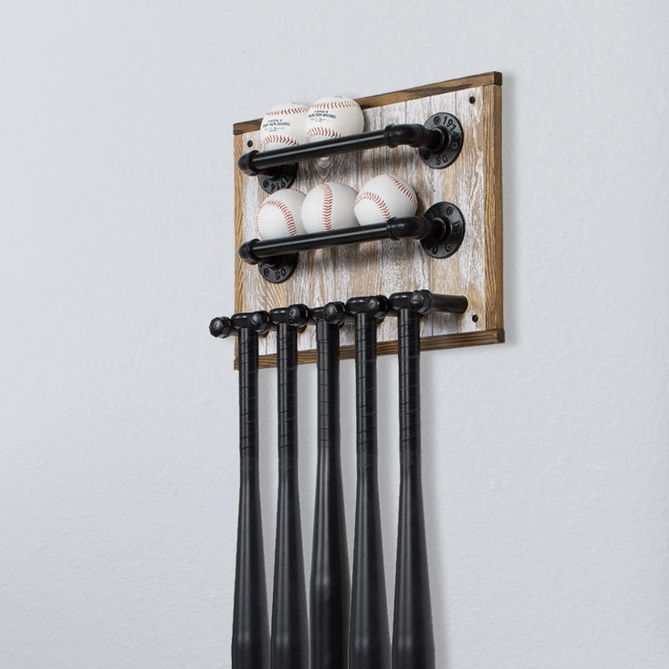 Whitewashed Wood Baseball Holder and Bat Rack with Black Industrial Metal Pipe, Wall Mounted Sports Equipment Holder-MyGift