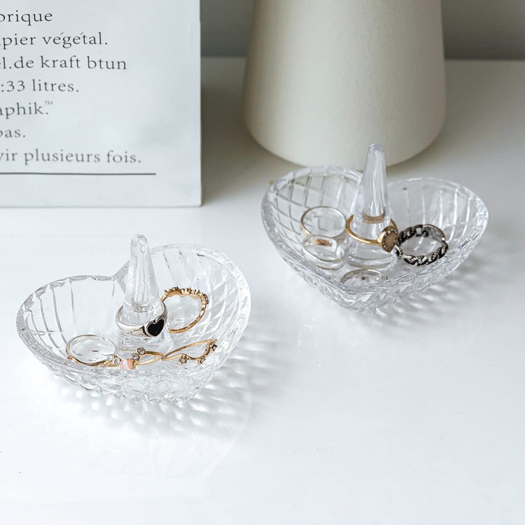 Set of 2, Vintage Heart Design Clear Glass Ring Dish, Jewelry Holder Tray-MyGift