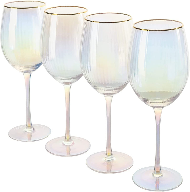Set of 4, Modern Ribbed Textured Translucent Iridescent Stemmed Wine Glasses with Gold Tone Rim-MyGift