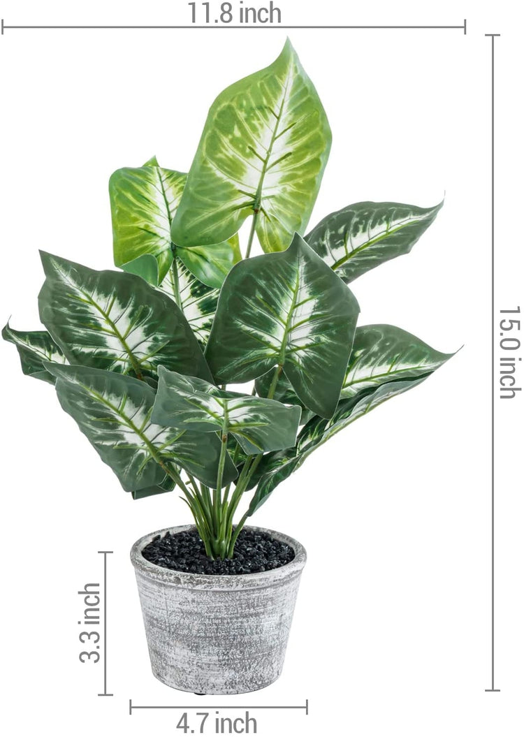 15-Inch Tabletop Artificial Green Leaf Plant Potted in Distressed Gray Planter Pot, Fake House Plant, Faux Greenery-MyGift