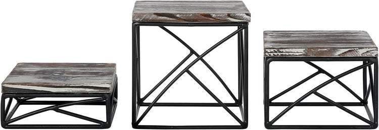 Set of 3, Square Torched Wood and Black Metal Wire Nesting Dessert Stands, Food Display Risers-MyGift