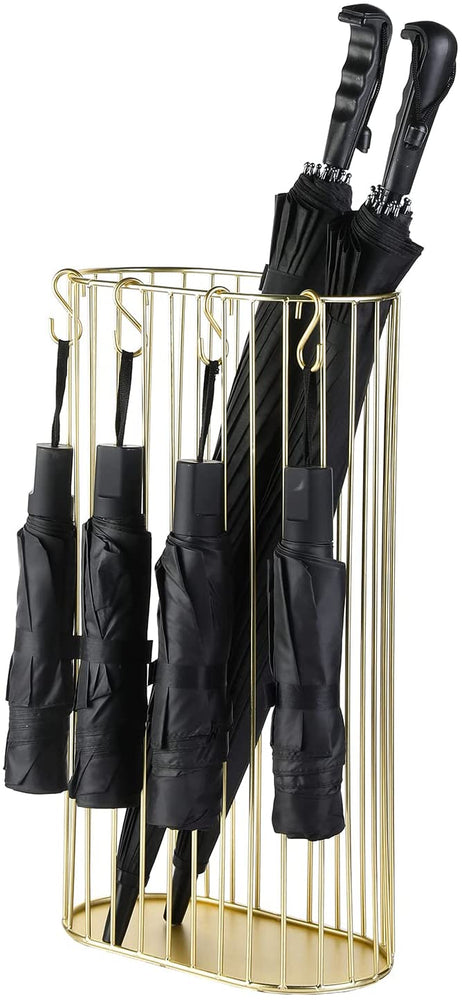 Brass Metal Freestanding Indoor Umbrella Stand with 4 S-Hooks for Compact Travel Umbrellas-MyGift