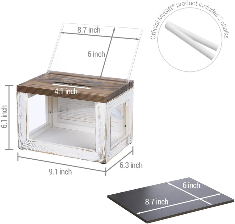 Whitewashed and Burnt Wood Collection Donation Box, Tip, Comment Box with Chalkboard and Clear Sign Holder-MyGift