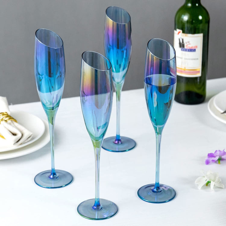 Blue Iridescent Champagne Glass Flutes, Set of 4