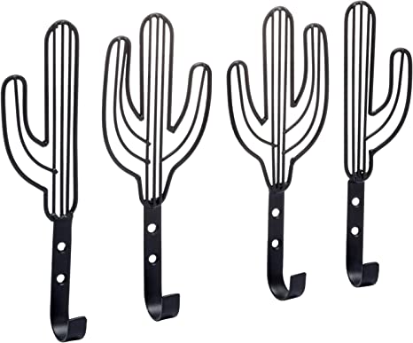Saguaro Cactus Shaped Black Metal Wall Coat Hooks, Southwest Style Hanging Hooks, Set of 4-MyGift