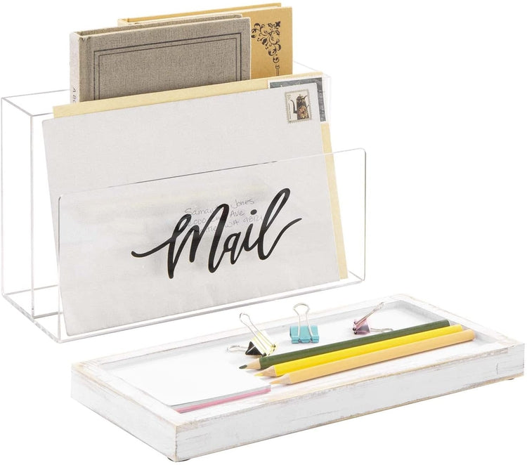 Clear Acrylic Mail Sorter with Removable Whitewashed Wood Tray Base, Desktop Letter Holder with Black Cursive MAIL Label-MyGift