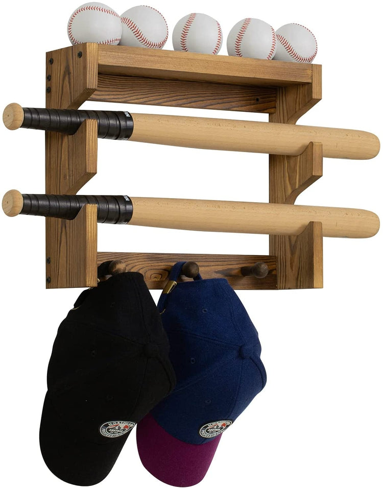 Dark Burnt Wood Wall Mounted Baseball Display Storage Rack with Bat Holder, Ball Tray Shelf and Cap Hanging Coat Hooks-MyGift