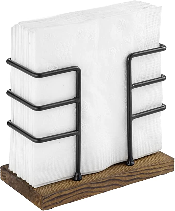 Freestanding Rustic Napkin Holder with Burnt Brown Wood and Industrial Black Metal Geometric Design-MyGift