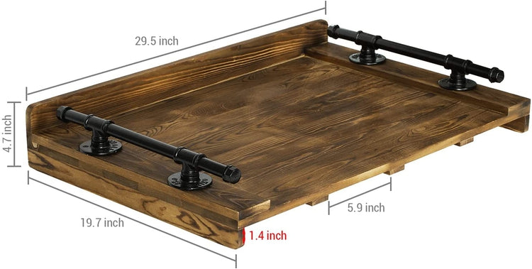 Dark Burnt Wood Stove Top Cover, Jumbo Decorative Farmhouse Serving Tray with Industrial Black Metal Pipe Handles-MyGift