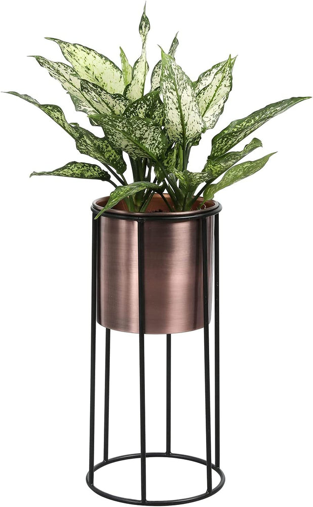 6 inch Modern Copper Flower Planter Pot with Industrial Black Metal Wire Display Stand-MyGift