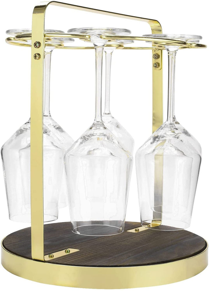 Brass Metal and Burnt Wood Tabletop Stemware Holder Rack, Wine Glass Serving Caddy-MyGift