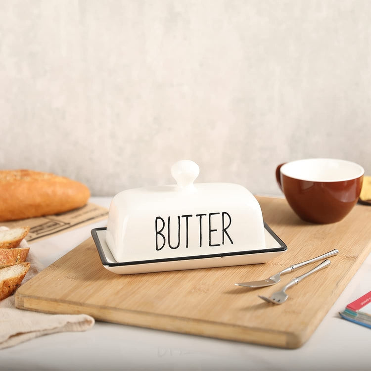 Retro Modern Butter Dish with Cover Lid, Black and White Ceramic Butter Tray Holder-MyGift