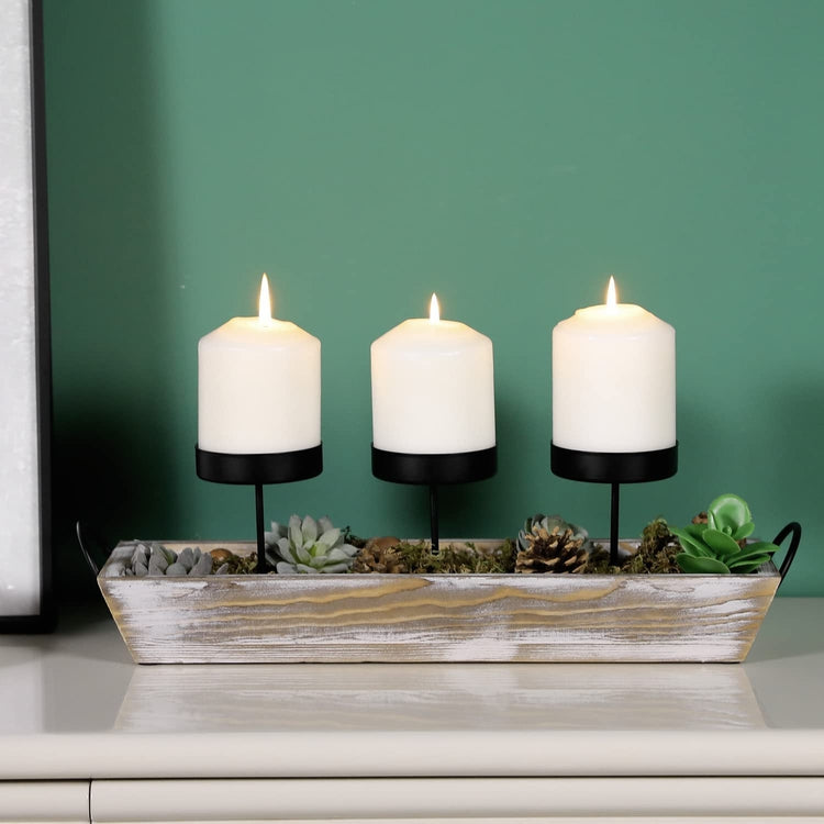 Tabletop Display Candle Holder with Black Metal Pillar Pedestals and Decorative Whitewashed Wood Tray Base-MyGift