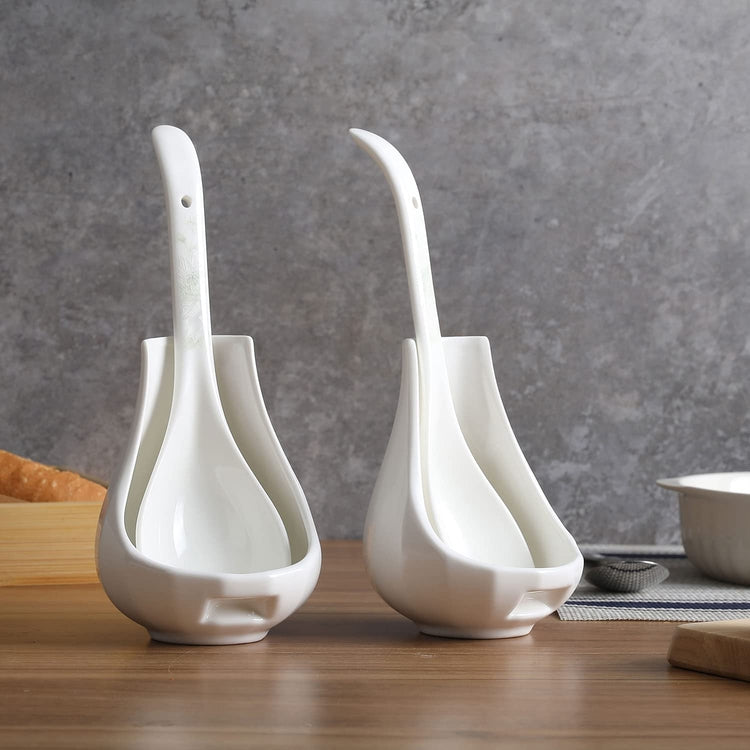 Set of 2, Upright White Ceramic Spoon Rest, Vertical Standing Ladle Holders-MyGift