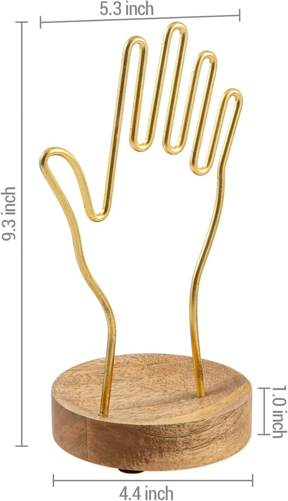 Brass-Tone Metal Hand-Shaped Jewelry Holder Stand with Acacia Wood Ring Tray, Wire Jewelry Tree-MyGift