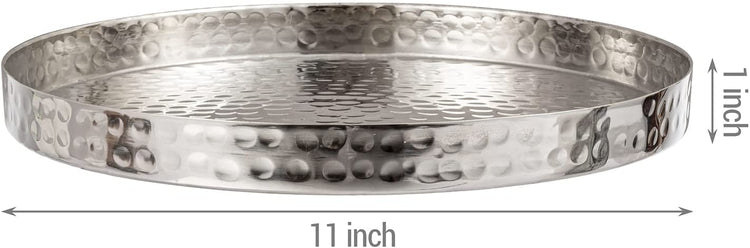 11 Inch Hammered Silver Round Decorative Tray, Aluminum Plated Serving Display Platter and Vanity Tray-MyGift